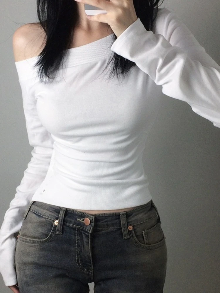 

Y2k Aesthetics Slash Neck Knitted Tops Women Harajuku Grunge Slim Fit Button T-shirt Vintage Cropped Pleated Tshirts E-girls