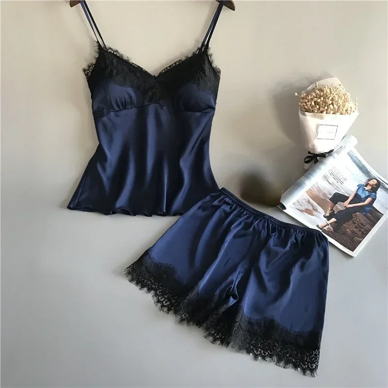 Sexy Lace Pajamas Suit Women V-Neck Sleepwear Lingerie Home Wear Nightwear Summer Casual Suspender Nighties Lounge Sets Clothes