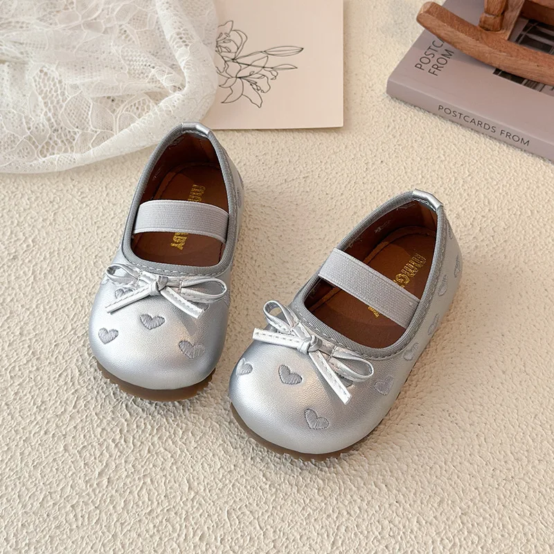 Heart Embroidery Kids Ballet Flats Bow Solid PU Leather Baby Girls Princess Shoes Elastic Band Toddler Children Flats Shoes