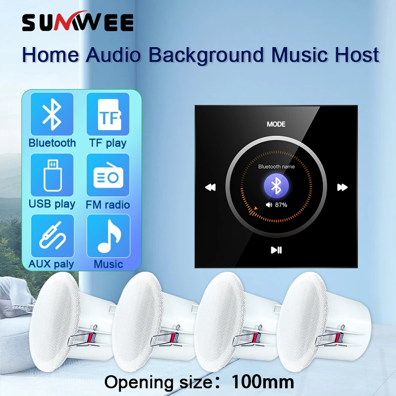 

Home Audio Background music player system Bluetooths sound in wall amplifier TF USB FM control panel with stereo ceiling speaker