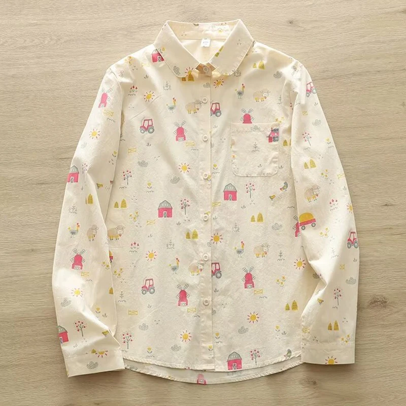 Spring Autumn Women New Cartoon Car Printed Shirt Casual Sweet Turn Down Collar Cotton Long Sleeve Female Base Blouse Tops U315