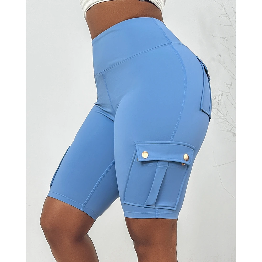 Short de yoga skinny pour femme, séchage rapide, design de poche, décontracté, monochromatique, entraînement sportif, streetwear féminin, été