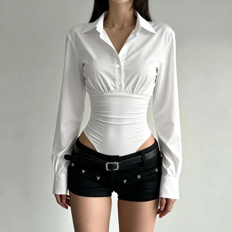 Summer Fashion New Design Sense High-end Spicy Girl Three-dimensional Top Simple Slim Fit Versatile Long Sleeved Jumpsuit Shirt