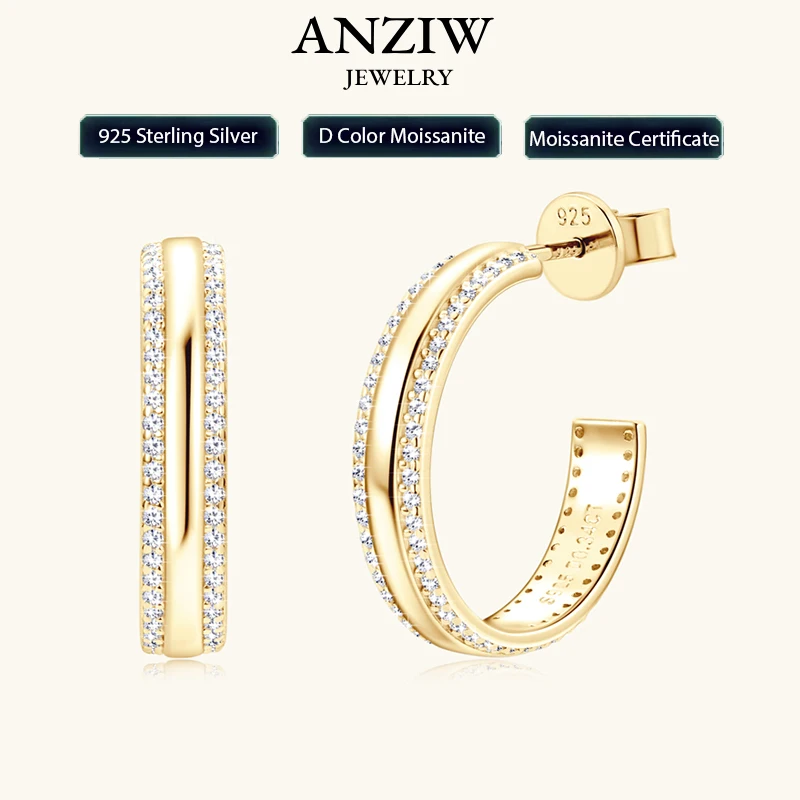 

Anziw C Shape Open Circle Stud Earrings Moissanite Hoop Drop Piercing Earrings 925 Sterling Silver Women's Anniversary Jewelry