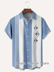 Camicia hawaiana estiva da uomo moda a righe geometriche a contrasto abbigliamento camicia con colletto con risvolto maschile camicia da spiaggia per le vacanze hawaiane