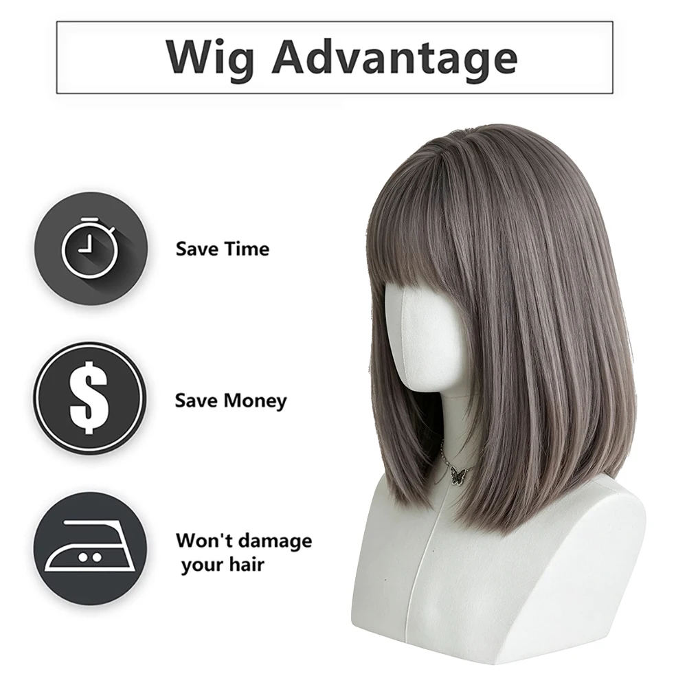 Fashion Straight Bob Wig For Asian Women Ash Gray Synthetic Hair With Bangs Versatile Wig For Daily Date Party Anime Cosplay Use