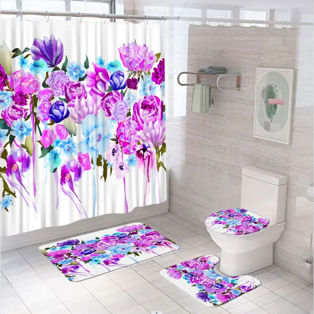 Peony Floral Bird Butterfly Shower Curtain Set Bathroom Screen Colorful Flowers Daisy Bath Mat Toilet Lid Cover Carpet Rug Home