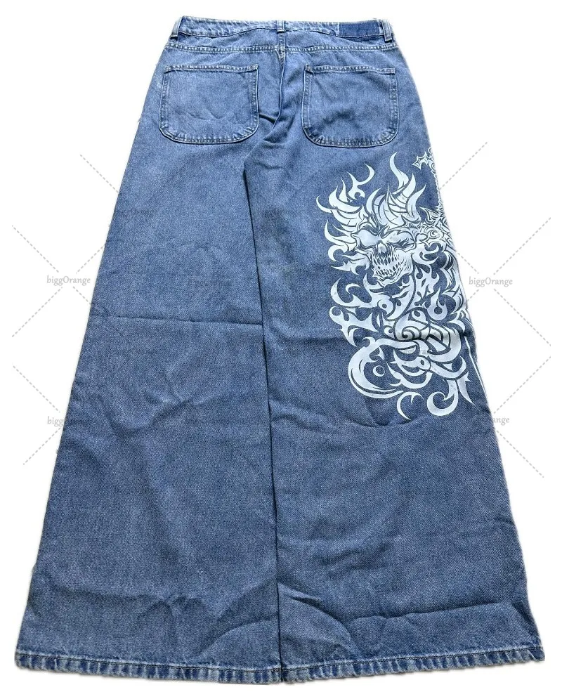 Harajuku High Street Fashion Loose Retro Oversized Jeans Men Y2k Trendy Brand Anime Print Washed High Waist Wide Leg Pants Women