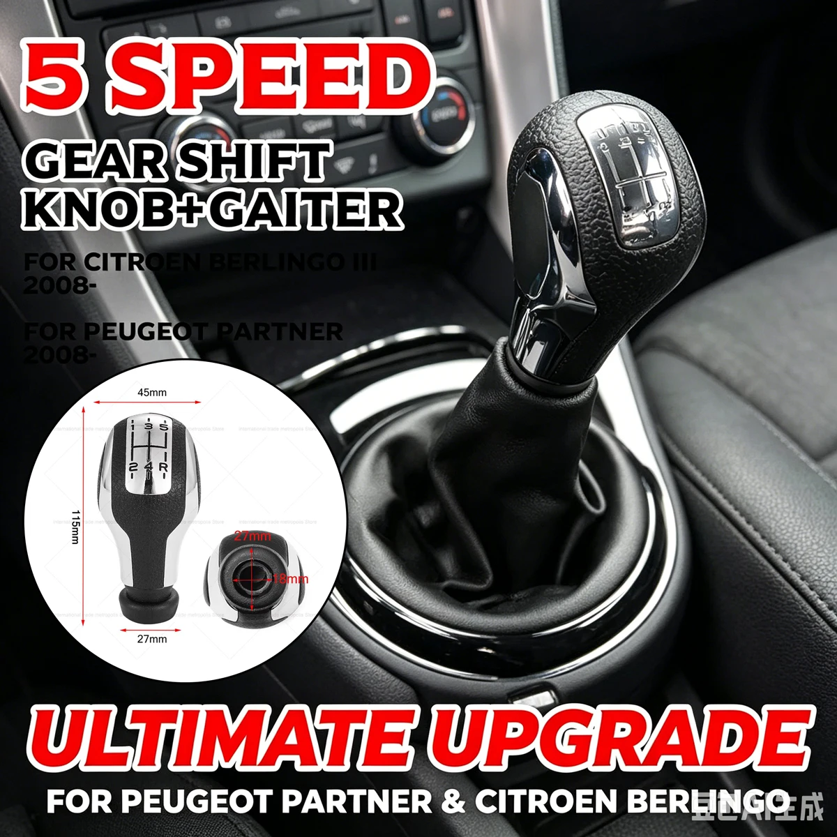 Pomo de Palanca de Cambios de Cuero PU con Funda Protectora para Peugeot Partner 2008+ Citroen Berlingo III - Cubierta Antideslizante para Palanca de Cambios Manual
