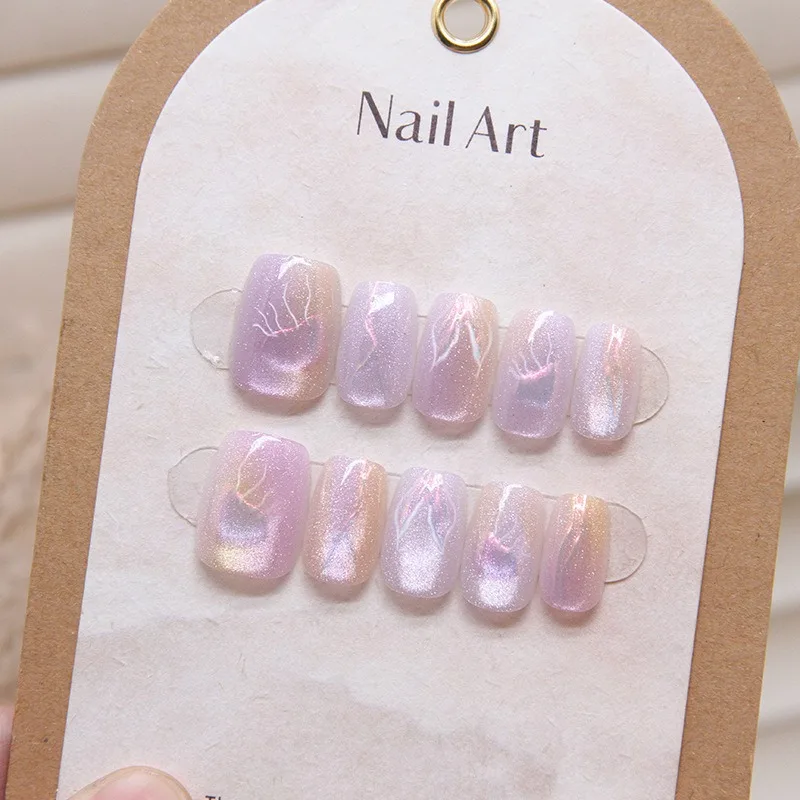 10pcs Cat Eye Removable Short Artificial Fake Nails for Girls Summer Realistic False Nail Set Press on Nalis with Tools Purple