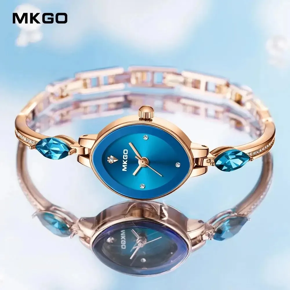 Romantic Blue Ocean Crystal Quartz Watch for Women with Golden Bracelet Diamond Chain Charm Oval Shape Fashion Ladies Wristwatch