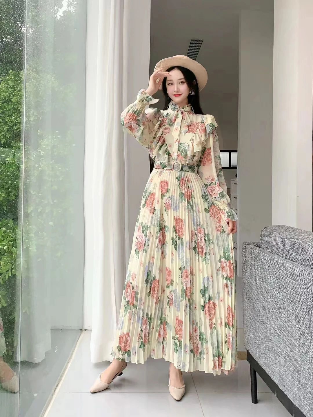 2023 New Spring Autumn Women Long Sleeve Belt Slim Long Dress Sweet Ruffles Patchwork Pleated Big Hem Chiffon Floral Dress