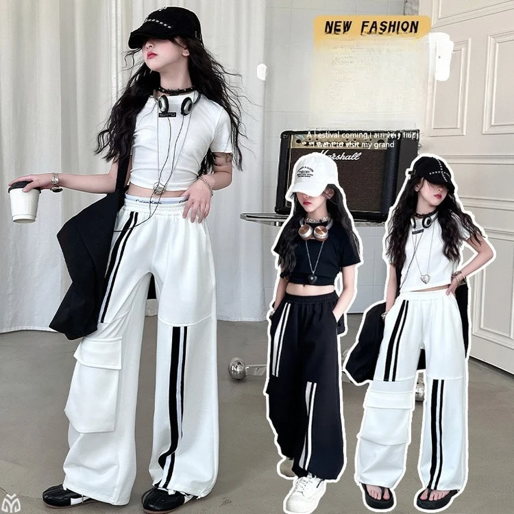

teen girls sport clothes set Hip hop jazz street dance clothes suit short t-shirt+Cargo pants 2pcs junior child kids outfits