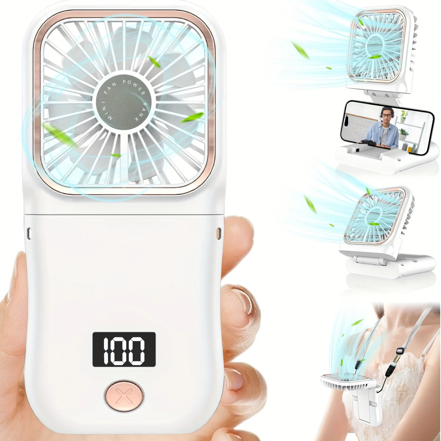 CoolGlow Mini Portable Neck Fan - Digital Display & Ultra-Thin Design - 180° Adjustable, 3-Speed Foldable Handheld Fan - 3000mA