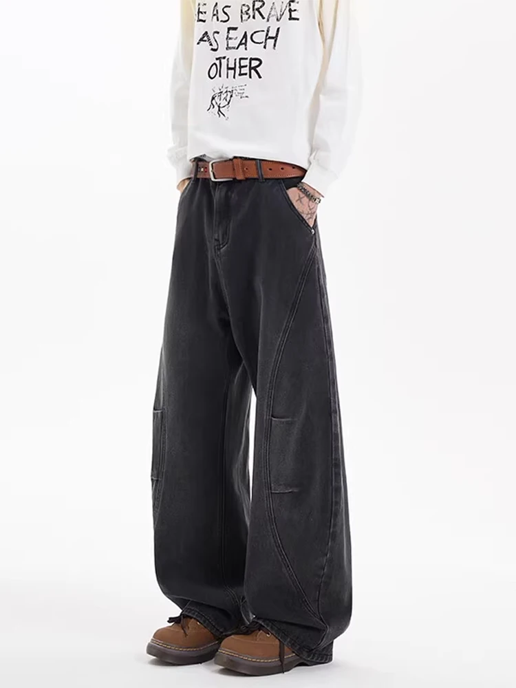 

Американские широкие мужские джинсы High Street, весенне-осенние модные брендовые винтажные свободные прямые повседневные брюки с завязками