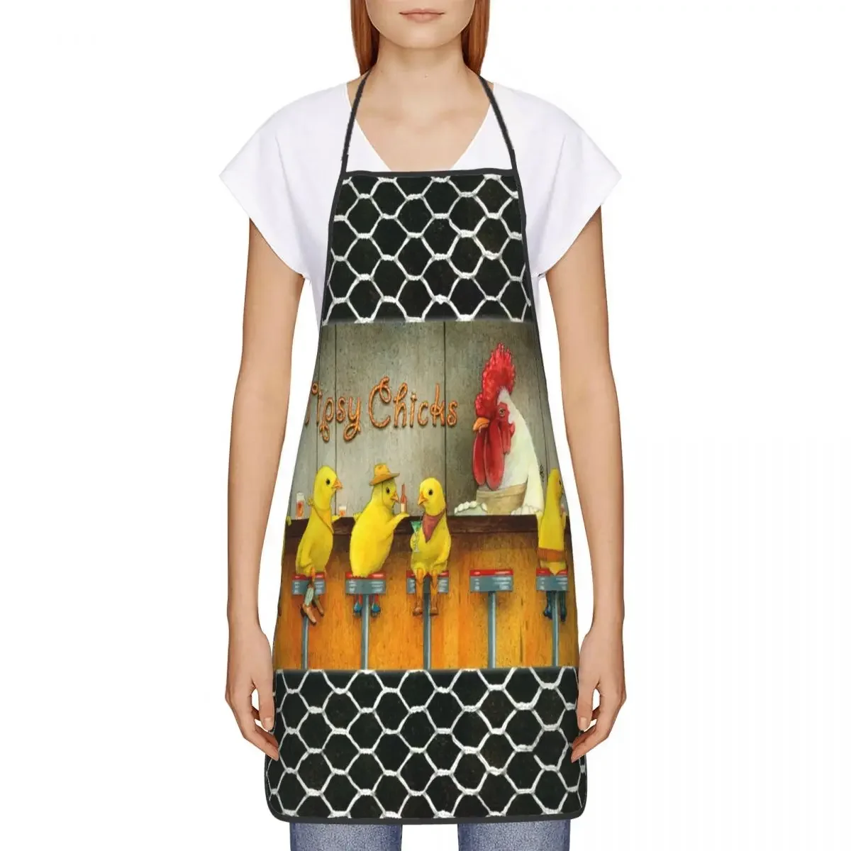 Tipsy Chicks And Rooster Apron for Men Women Cute Cartoon Chickens Adult Unisex Kitchen Chef Bib Tablier Cuisine Cooking Baking