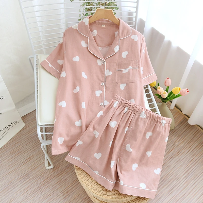 

Cute Heart Print Women's Pajamas Set Soft Breathable Fabric Comfortable To Wear Short Sleeved Button Up Top Matching Shorts Pjs