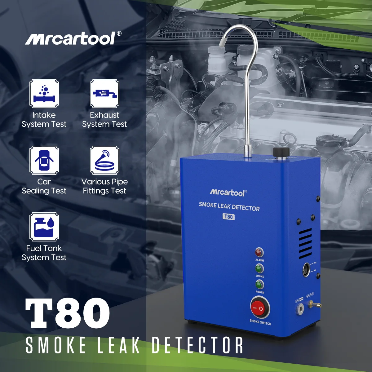 MR CARTOOL Car Smoke Leak Detector Machine T80 Auto Air Pump Fuel Pipe System Leak Locator Smog Generator Diagnostic Tool