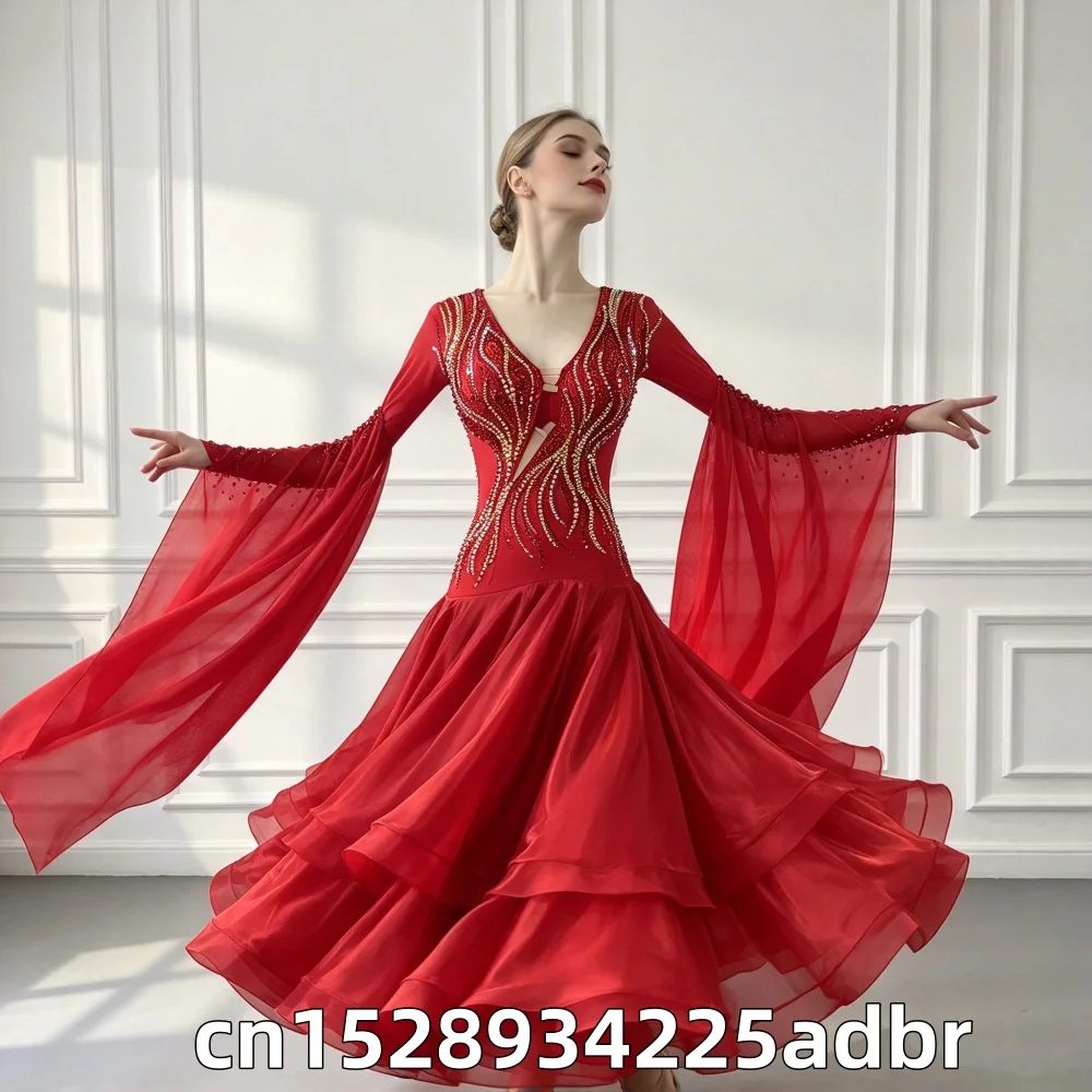 Red Customized Skirt Modern Dance Competition Skirt National Standard Dance Waltz Performance Dress Social Dance Big Swing Skirt