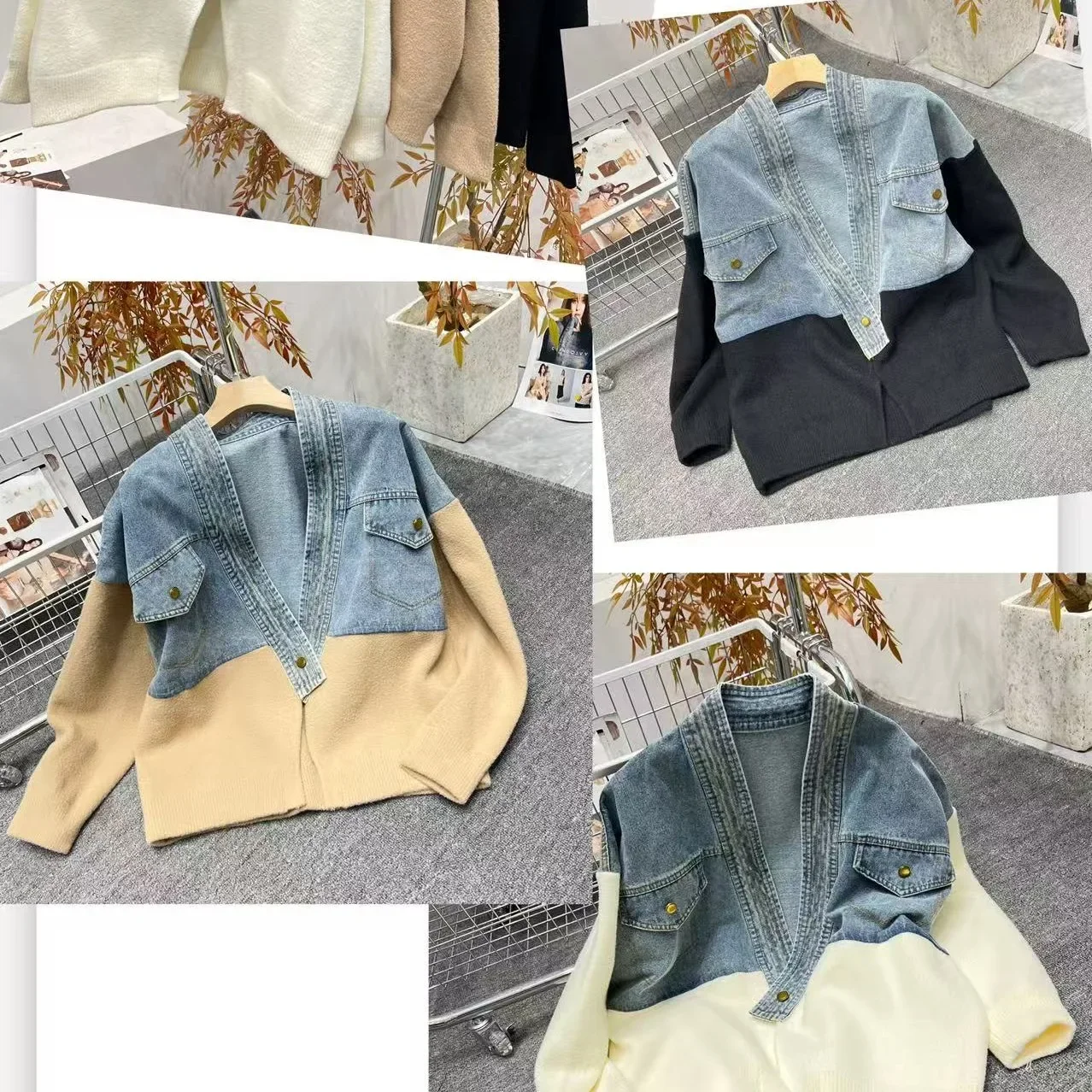 Outono inverno manga longa botão versátil curto malha topos popular versão coreana feminino denim retalhos elegante cardigan camisola