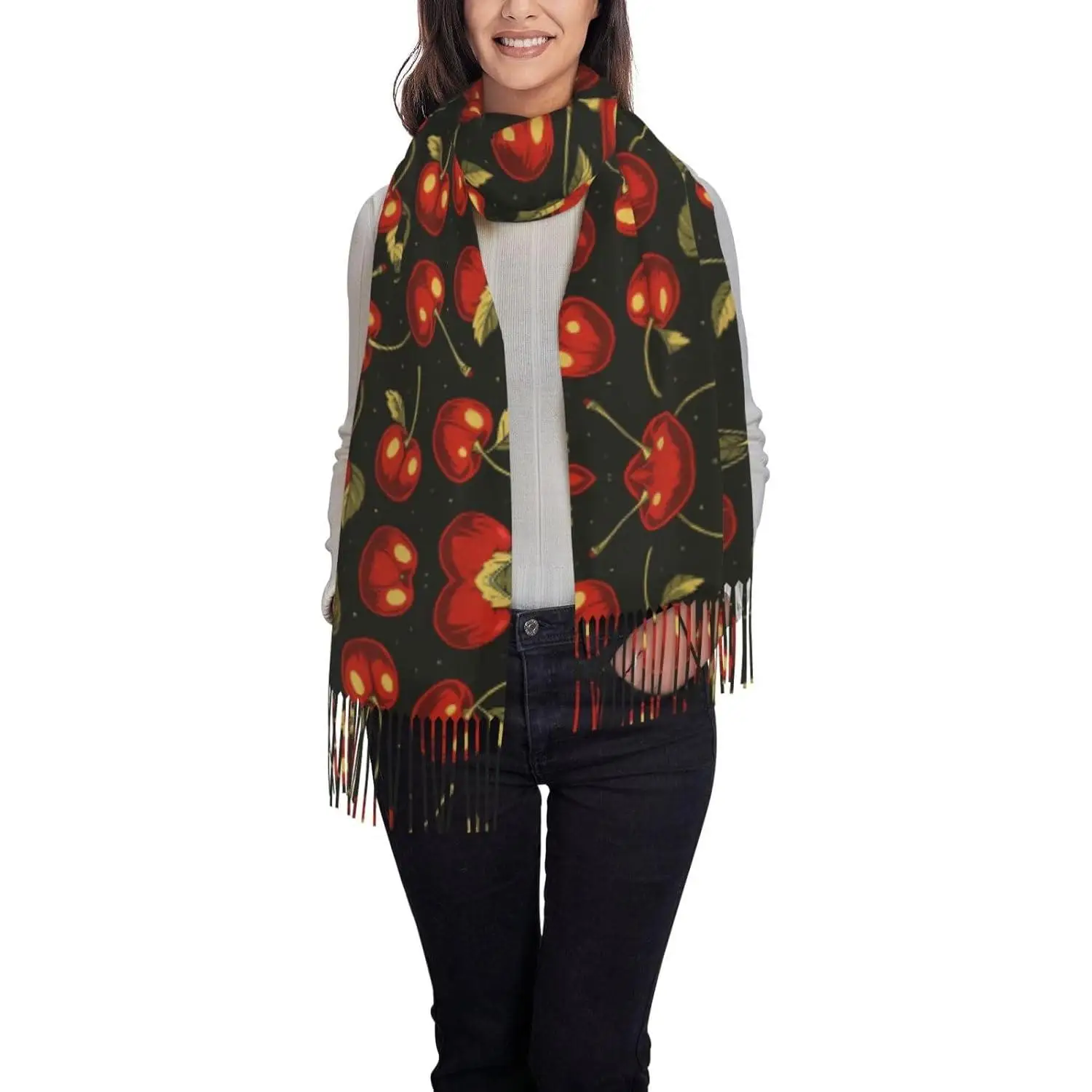 

Красивый вишневый игривый шарф с кисточками из авокадо, имитация кашемира, длинная бархатная бахрома, зимняя теплая шаль