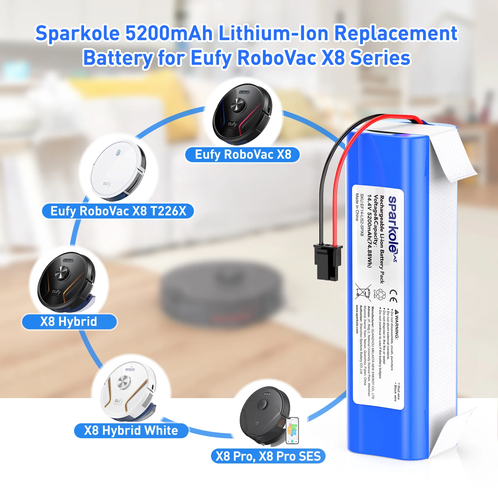 Batería de repuesto de iones de litio Sparkole, 14,4 V, 5200mAh, para Robot aspirador Eufy RoboVac X8 Series X8 Hybrid RoboVac X8 T226X