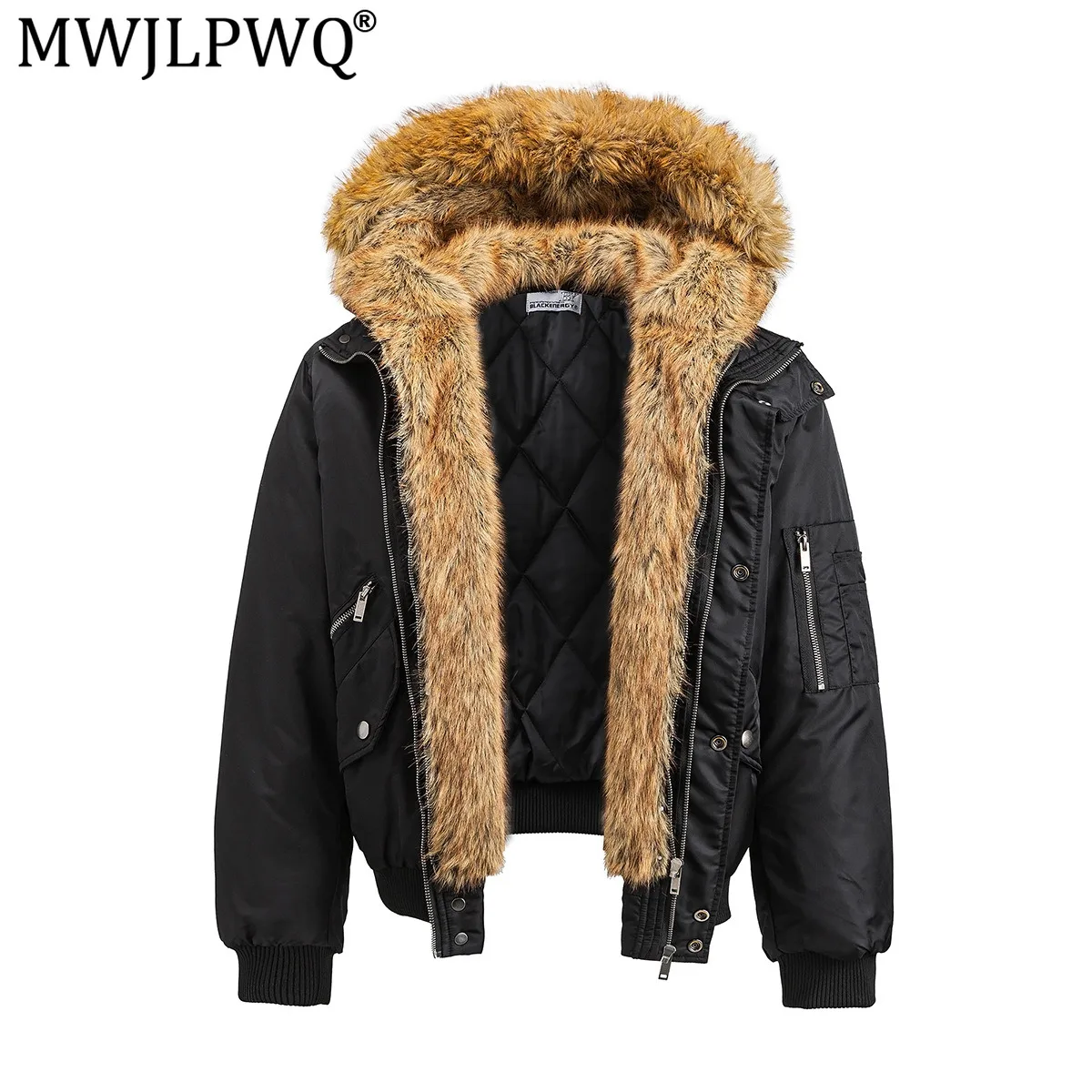 MWJLPWQ Winter Fleece-Lined Cotton Jacket Men's Tide Spliced Pocket Zipper Fur Collar Outerwear American Baseball Coats 21529