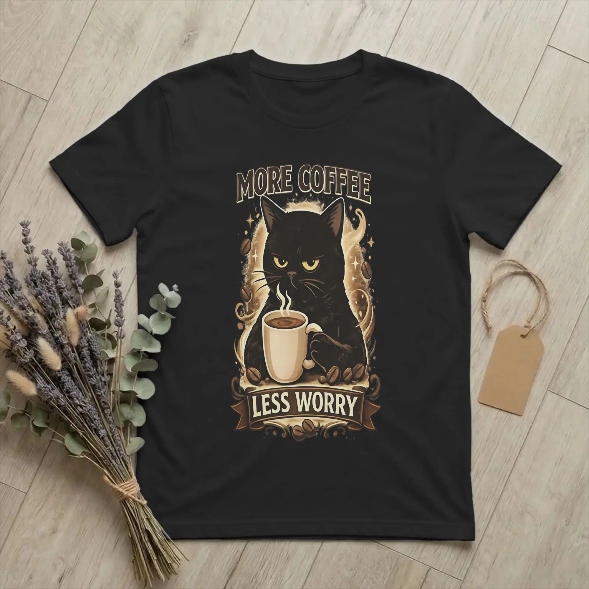 More Espresso Less Depresso     Black Cat Coffee  T-Shirts  Humor Pure Cotton Tees O Neck Short Sleeve T Shirts Plus Size Tops