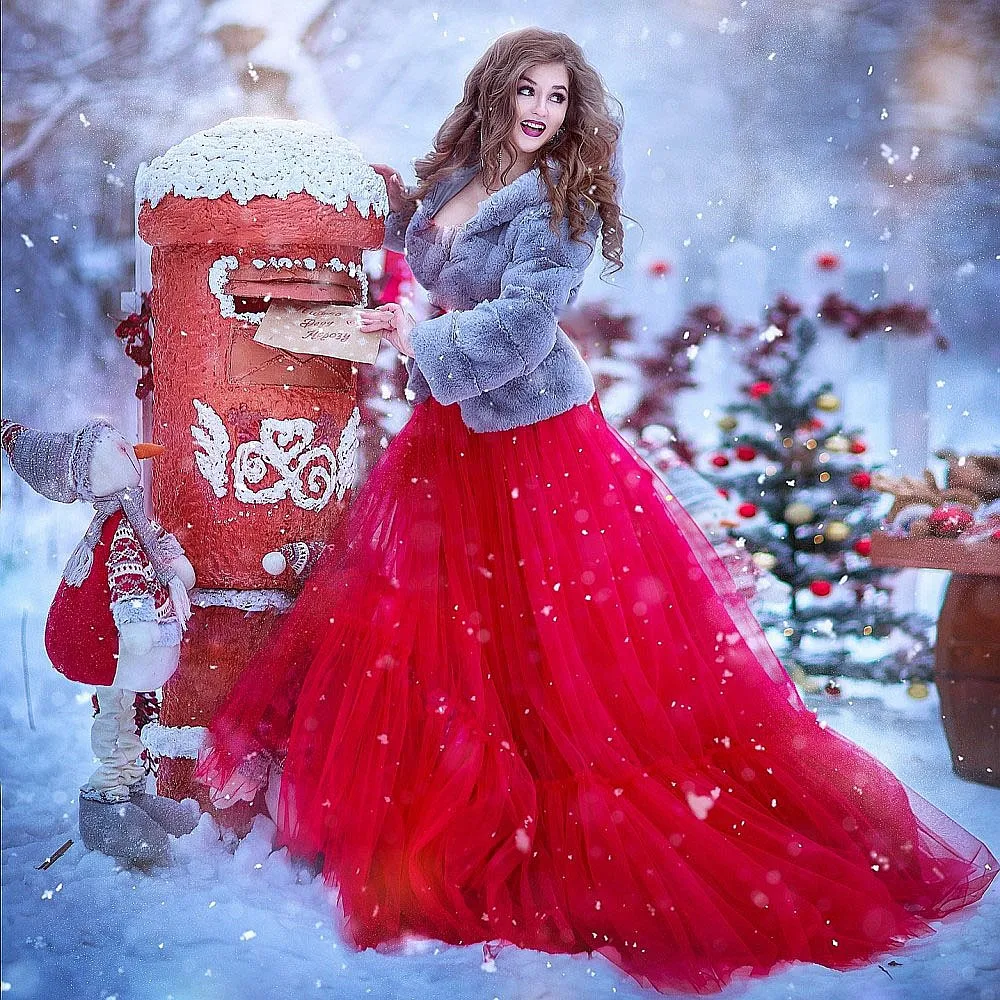 Vermelho natal longo nupcial tule saias vestido de baile feito sob encomenda cintura alta feminina saia de noiva festa tule saia