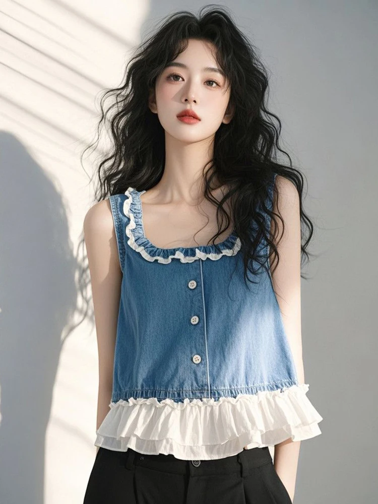 

Jmprs Sweet Ruffles Denim Tanks Women Elegant Fashion Square Collar Tanks Korean Casual Design Summer Sweet Chic Summer Tops New