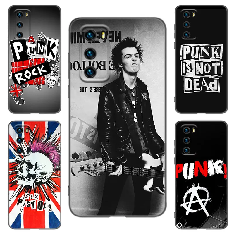 Punk Rock Black Phone Case For Huawei P20 P30 P40 Lite P60 Art Pura 70 Ultra P50 Pro P50E P Smart 2018 2019 2020 2021