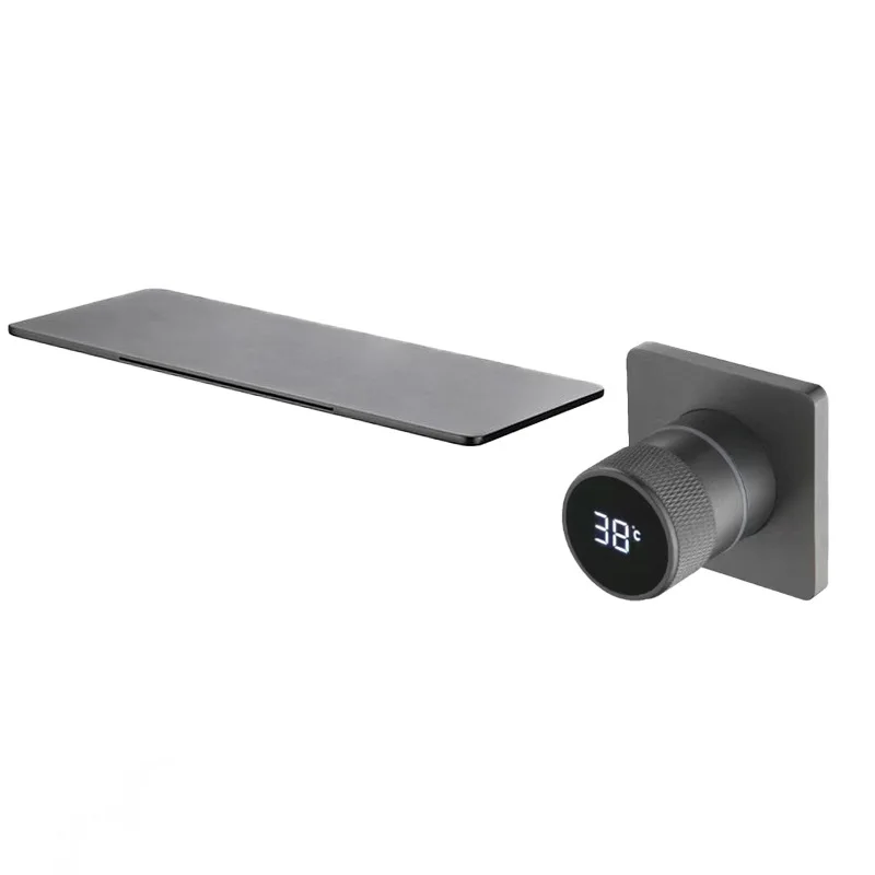 

Gun gray concealed digital display washbasin faucet, all copper into the wall waterfall washbasin hot and cold faucet