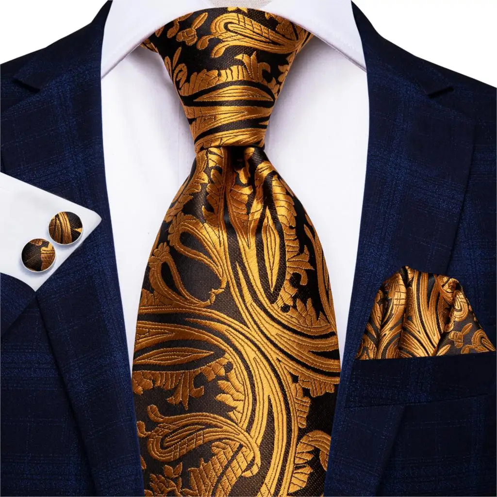 Hi-Tie Luxury Floral Paisley Mens Yellow Gold Tie Gravata Nicktie For Men Business Wedding Necktie 8.5cm Wide Dropshipping