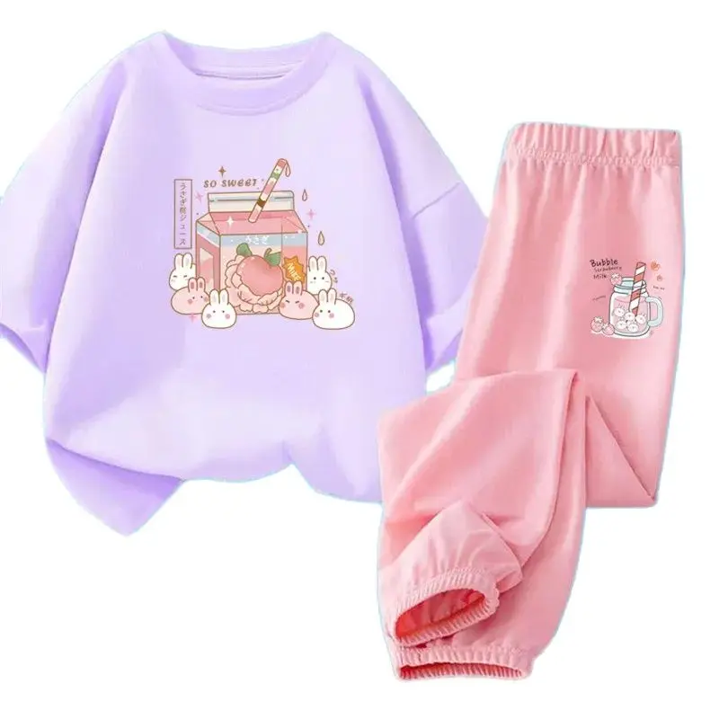 2024 Summer Peach Juice t-shirt+ trousers 2pcs Set anti-mosquito pants Girls Cartoon strawberr Kids Fashion Outfits