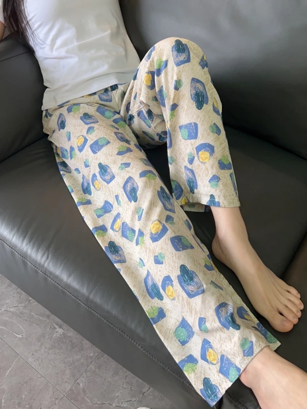 

Ladies Cotton Silk Sleepwear Loose Straight Thin Summer Home Clothes Large Size Artificial Silk Flower Pattern Long Pants