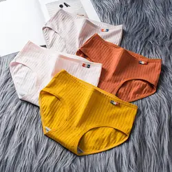 Mid-rise Elastic Waistband Cotton Crotch Women Briefs Soft Solid Color Ribbed Panties Underwear Intimates Waffle Lingerie Lady