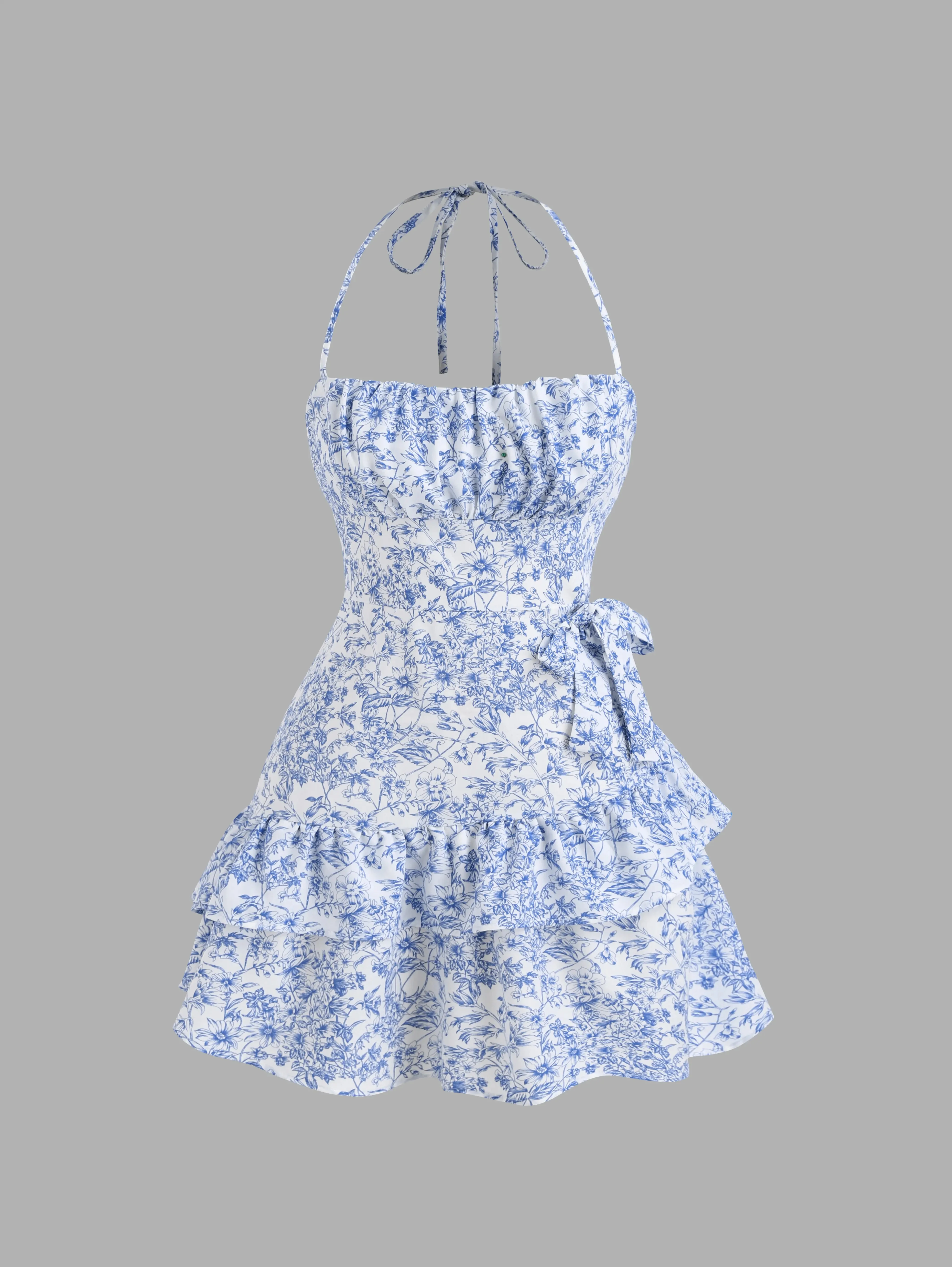 Women Summer Floral Print Sleeveless Halter Tie Backless Mini Halter Dress Cami Short Dresses Ruffle Trim Casual Dresses