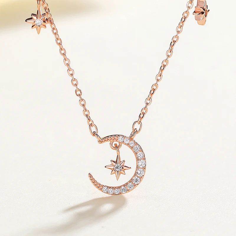 Fashion Jewelry Cross Chain Necklaces Rose Gold Plated S925 Sterling Silver Star-Moon Zirconia 925 Silver Trendy Women's Moon