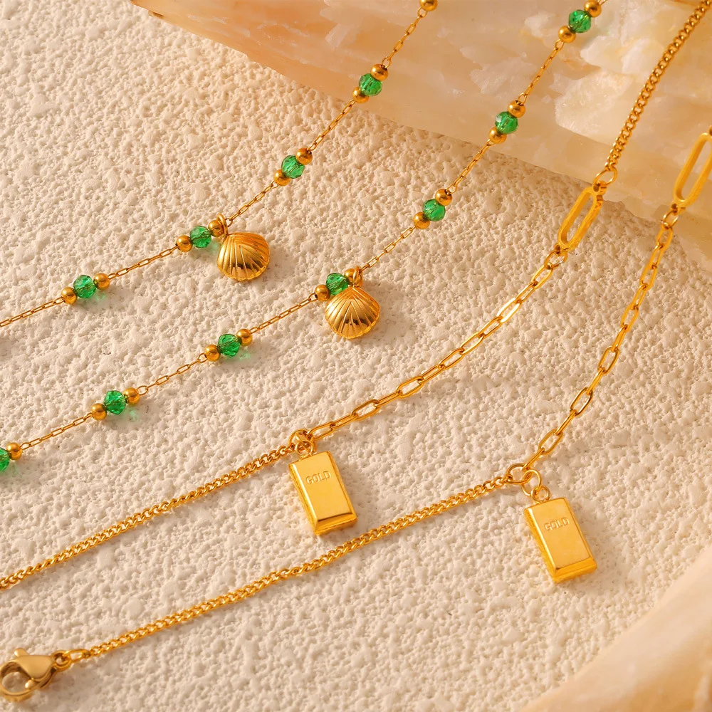 2 Pcs Gold Plated Summer Green Crystal with Shell Pendant Anklet Stainless Steel Beaded Waterproof Jewelry Wholesale