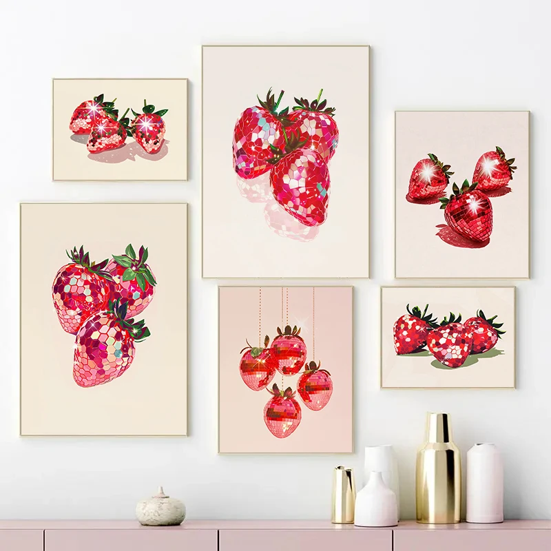 Pink Disco Shiny Strawberries Posters and Prints Canvas Printing Vintage Wall Art Picture for Living Room Home Decoration