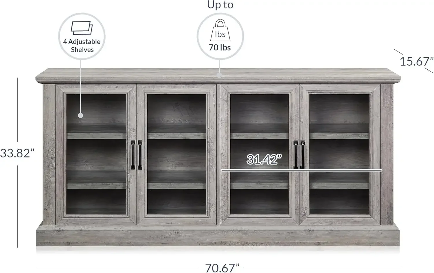 70 Inch Sideboard Buffet Cabinet features a stylish gray wash finish, perfect for living and dining areas.With adjustable shelve