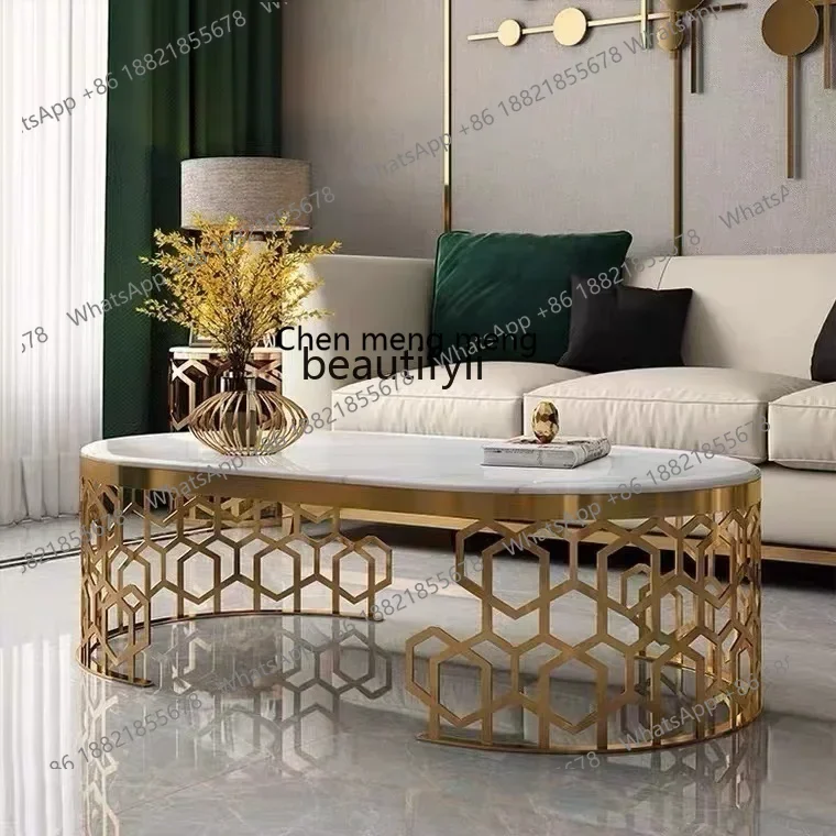 178Light luxury simple hollow stainless steel coffee table creative oval living room marble tea table2936