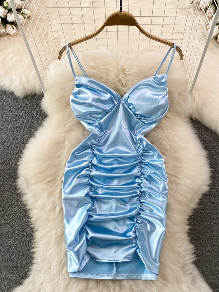 Zomer Pure Desire Sexy V-hals Taille-cinching Slim Fit Acetaat Satijn Wrap rond Band Dr vrouwen ort Rok Hoge Taille