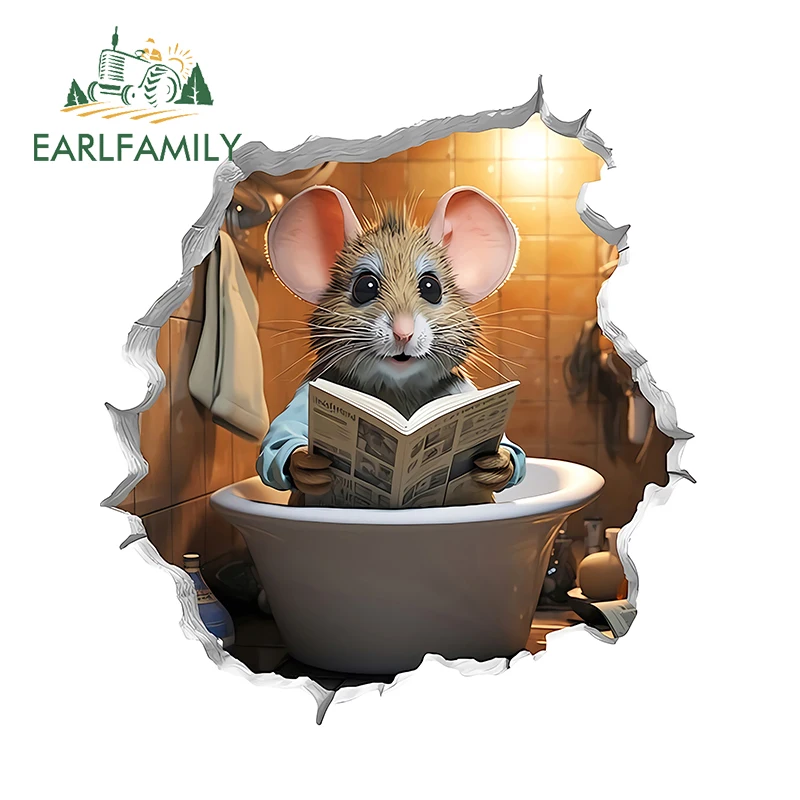 EARLFAMILY 13cm x 11.9cm Cute Mouse Reading Car Stickers Cartoon Animal Bumper RV Decal Personality Caravan Scratch-Proof Decor