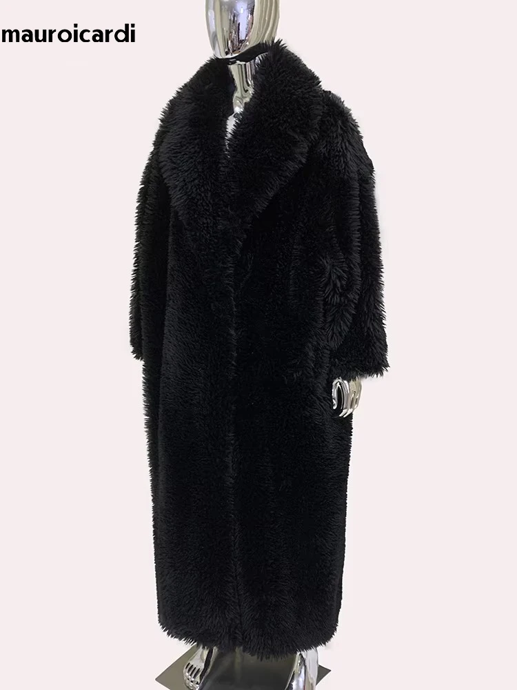 Mauroicardi Spring Winter Extra Long Oversized Black Thick Warm Shaggy Hairy Faux Fur Coat Men Luxury Maxi Furry Overcoat 2024