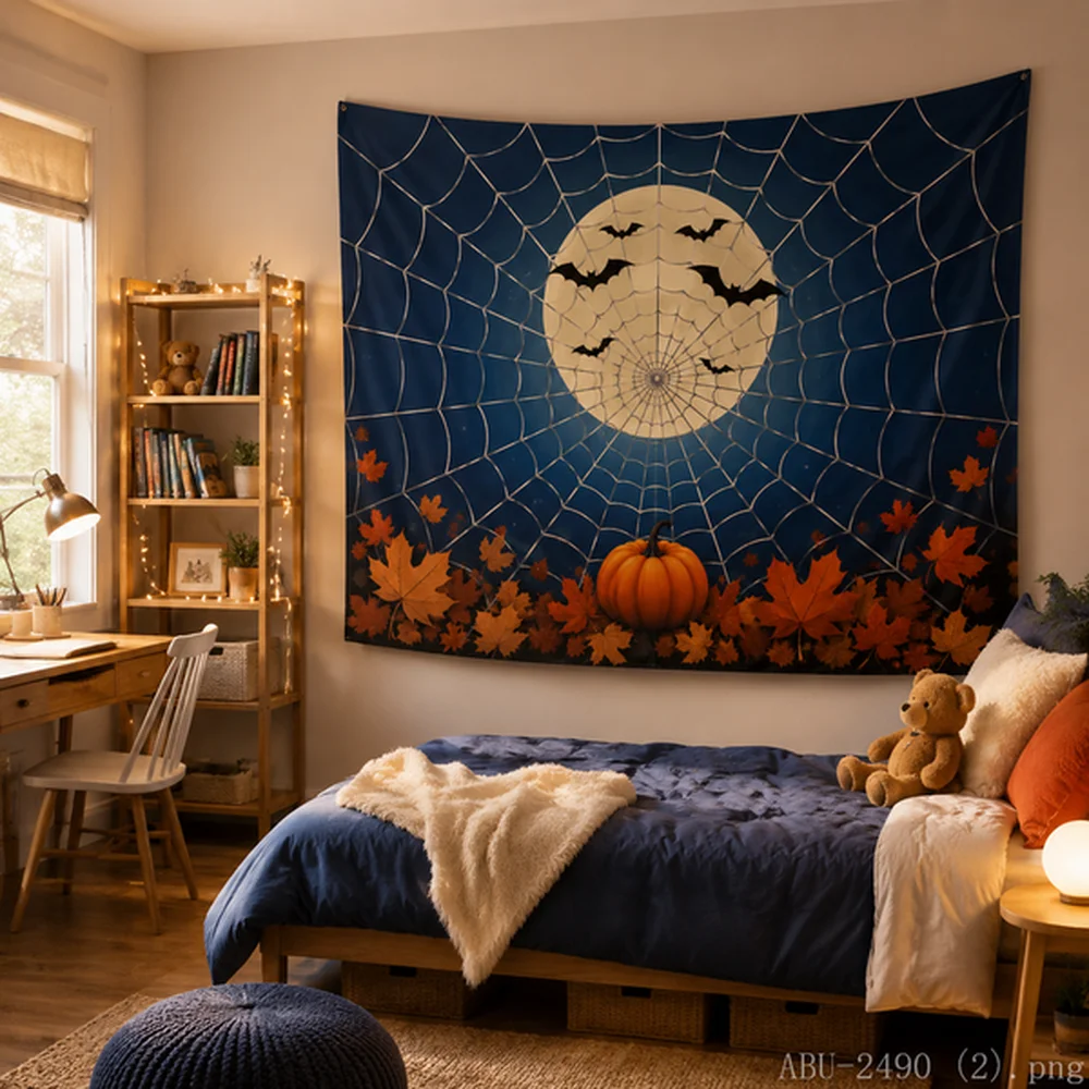 VIKAMA Halloween Tapestry, Giant Spider Web and Ghosts, Scary Night Theme Wall Hanging for Halloween Party Decoration