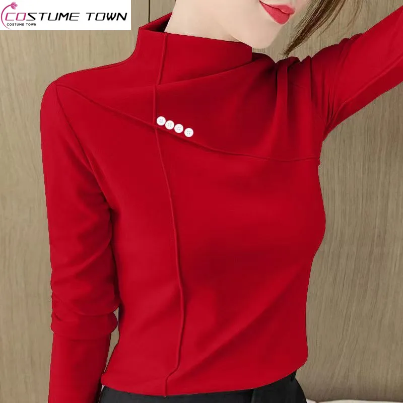 

Half High Collar German Velvet Bottom Shirt for Women with Plush and Thickened Autumn and Winter New Slimming and Warm Top