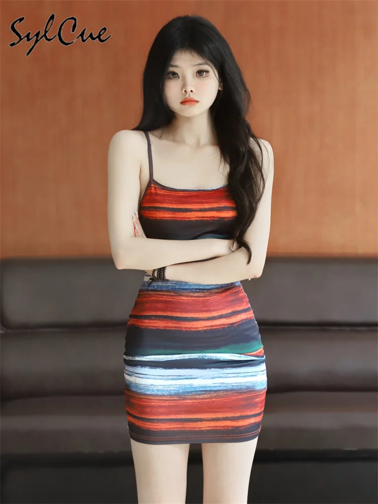 Sylcue Summer Stripes Casual All-match Youth Vitality Tight Sexy Hot High Elastic Cool Sweet Gentle Women's Sling Knitted Dress
