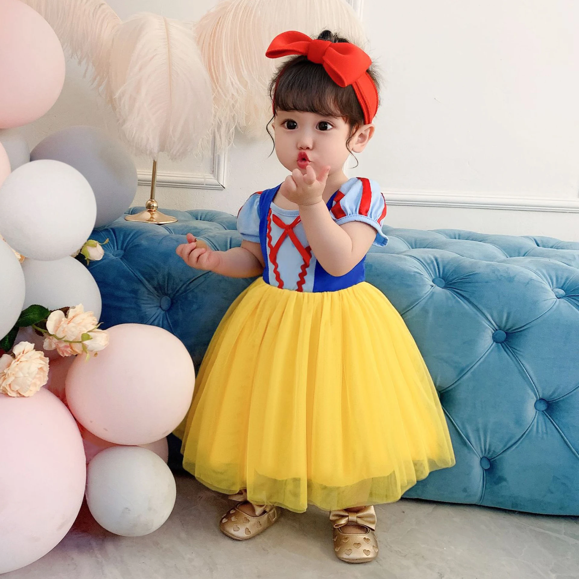 

Bow Snow White Princess Girls Dress Halloween Carnival Costume Elegant 1st Birthday Party Prom Dresses Cosplay Children Clothing