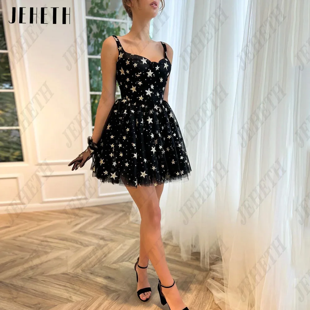 JEHETH Black Mini Prom Gowns For Woman Glitter A-Line Sweetheart Spaghetti Straps Tulle Sexy Party Dress Formal Occasions Dress